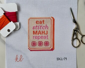 Eat Stitch Mahj Repeat Mahjong Needlepoint Canvas | Hand-Painted 18 Mesh Canvas | Mahjong Gift | Needlepoint Canvas