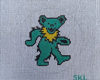 Teal Dancing Bear Needlepoint Canvas - Hand Painted - 4 inch round