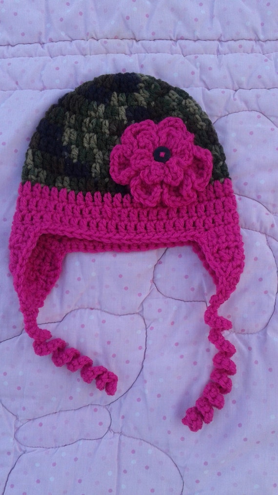 Items similar to Girl's camo hat with pink flower, girl's camoflage hat