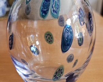 Vintage Dartington Crystal England Glass art Millefiori Style Design Bud Vase 5" marked, small vase clear blue, excellent condition