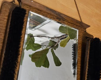 Antique Oak Wall Mirror with Shoe Brushes, Cottage Farmhouse Decor