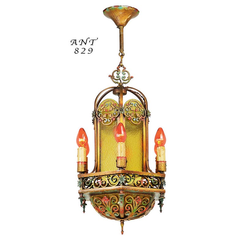 Antique 1920s Chandelier Polychrome Candle Type Ceiling Light Image 0