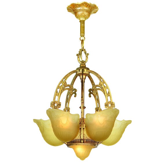 1930s ART NOUVEAU SOLID BRASS CHANDELIER W GLASS SHADES 3 1930s ART NOUVEAU SOLID BRASS CHANDELIER W GLASS SHADES 3