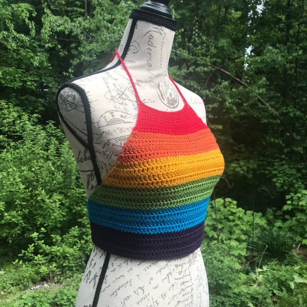 Rainbow Stripe Halter Top | Pride Crop Top | Crocheted Rainbow Halter Top | Women's Crochet Summer Top | Hippie Clothing | Festival Clothing