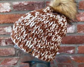 Women’s Knit Double Brim Beanie | Brown and White Knit Double Brim Hat | Women’s Warm Winter Hat with Faux Fur Pompom