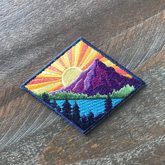 Mountain Sunrise Lake Iron-On Patch, PNW Patch, The Mountains Are Calling Patch, Save the Earth Patch, Kindness is Cool Patch, Nature Patch