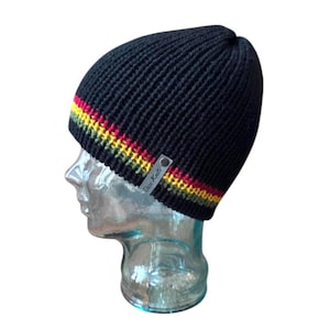 One Love Beanie: Knit Black Hat with Rasta Colors, All Ages Hat, Reggae Lover Hat, Black Beanie Hat, Men&#39;s Knit Hat, Men&#39;s Gift, Family Hat