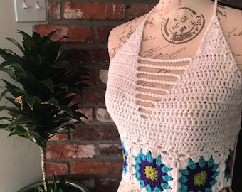 Gorgeous Crocheted White Cotton Halter Top | Festival Top | Hippie Top | Summer Top | Crop Top | Crochet Top