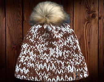 Women’s Knit Double Brim Beanie | Brown and White Knit Double Brim Hat | Women’s Warm Winter Hat with Faux Fur Pompom