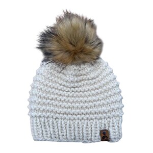 The Linden Beanie | Women’s Warm Winter Hat | Women’s Textured Beanie | Classic Knit Hat | Women’s Cream Knit Hat with Faux Fur Pompom