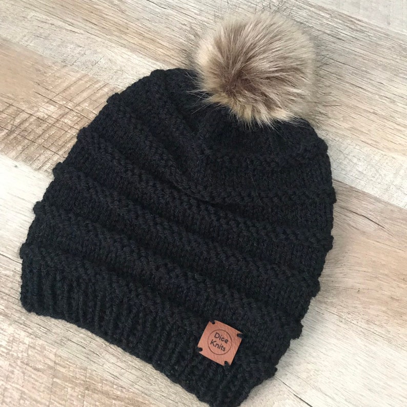 Wool-blend Knit Beanie with Faux Fur Pompom Black Knit Beanie The Mara Beanie Women/'s Knit Hat