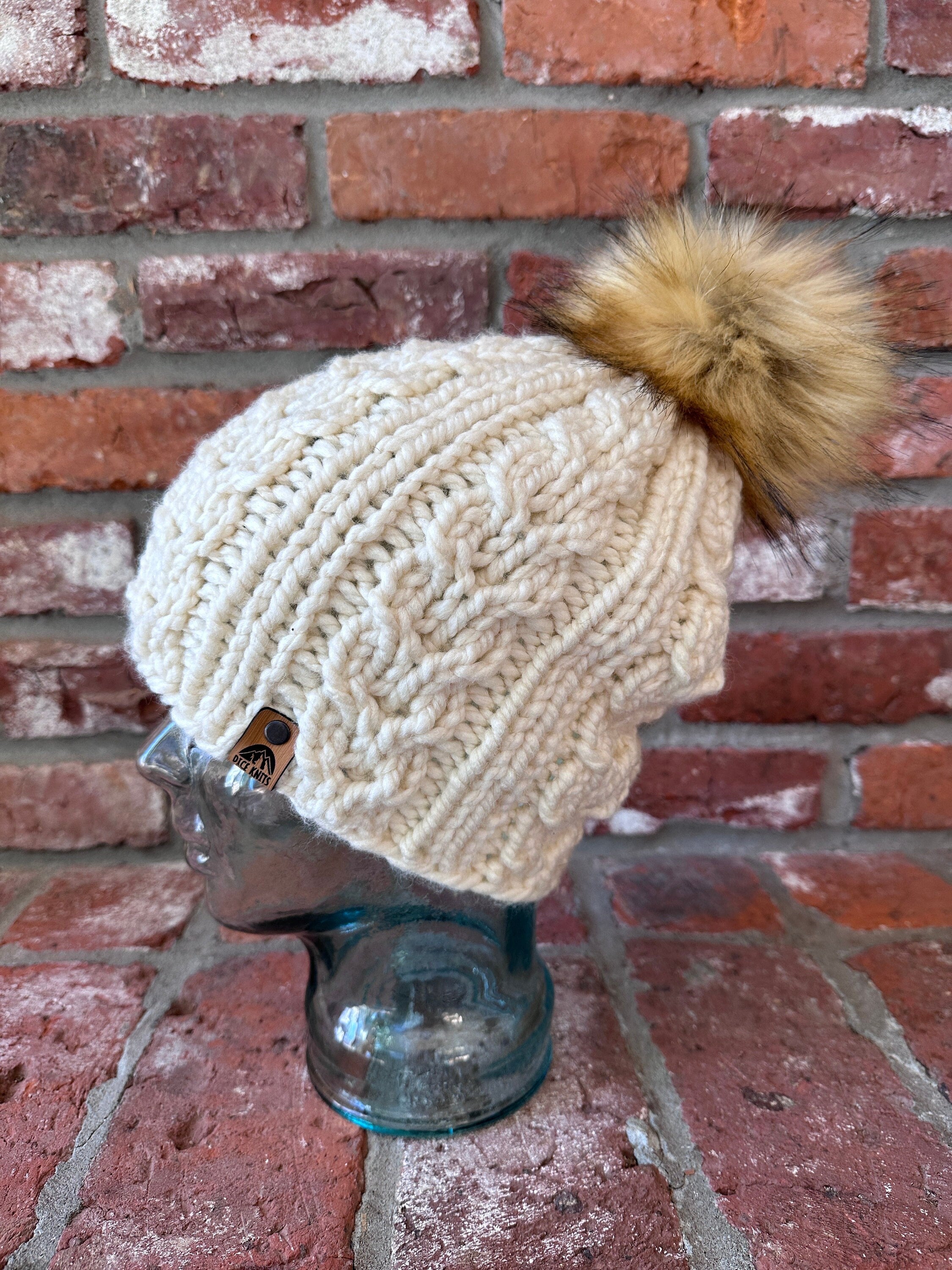 Elegant Beautiful braided Cream Knit Women\'s Hat with Faux Fur Pom Poms Knitted Faux Fur Pom Winter Beanie Hat with Double Knit Brim  main image 2