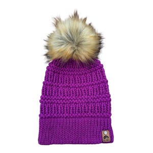The Tamarack Beanie: Women's Fuchsia Knit Hat with Faux Fur Pompom, Pink Knit Hat, Slightly Slouchy Hat, Lightweight Fall and Winter Hat