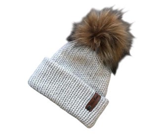 Knit Baby Beanie with Faux Fur Pompom - Folded Brim, 0-6 Months