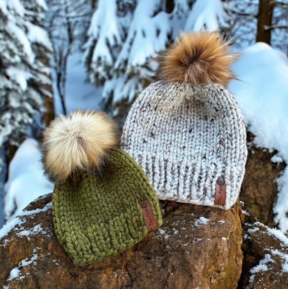 Soft Knit Pom Pom Beanie with Faux Fur Pom, Acrylic Winter Hat Hand Knit Beanie With Faux Fur Pom: Variegated Acrylic  main image 3