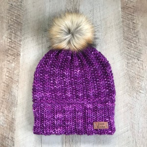 Women's Merino Wool Hat | Women's Merino Wool Beanie | Purple Wool Beanie with Faux Fur Pompom | Hand-dyed Beanie Hat | Malabrigo Mechao