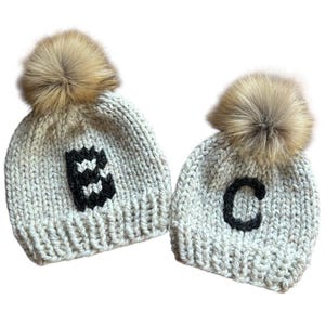 Personalized Knit Baby Beanie: Initial Monogram, Faux Fur Pom