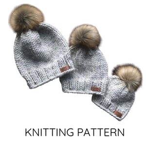 May include: Three gray knit beanies with faux fur pom-poms. Each beanie has a small brown leather tag. The text "KNITTING PATTERN" is displayed in black at the bottom of the image.