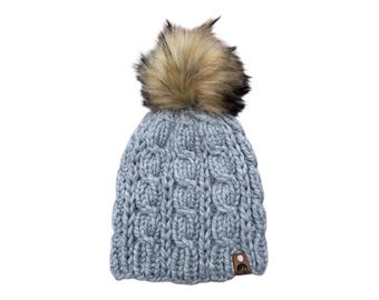 The Snowdrift Beanie: Women's Cable Knit Hat with Faux Fur Pompom, Women's Winter Hat, Women's Gift