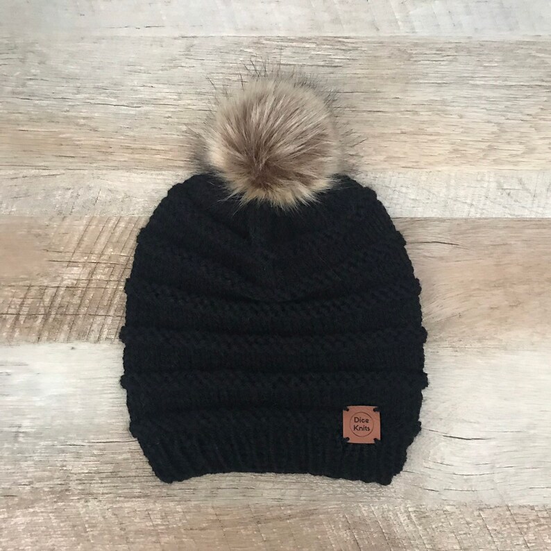 Wool-blend Knit Beanie with Faux Fur Pompom Black Knit Beanie The Mara Beanie Women/'s Knit Hat