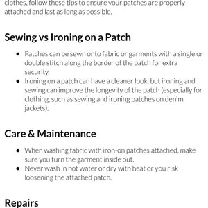 K&ouml;nnte beinhalten: Tipps zum B&uuml;geln von Patches, einschlie&szlig;lich des N&auml;hens f&uuml;r zus&auml;tzliche Sicherheit, Pflegehinweise zum Waschen und Trocknen sowie zur Reparatur von losen Patches.