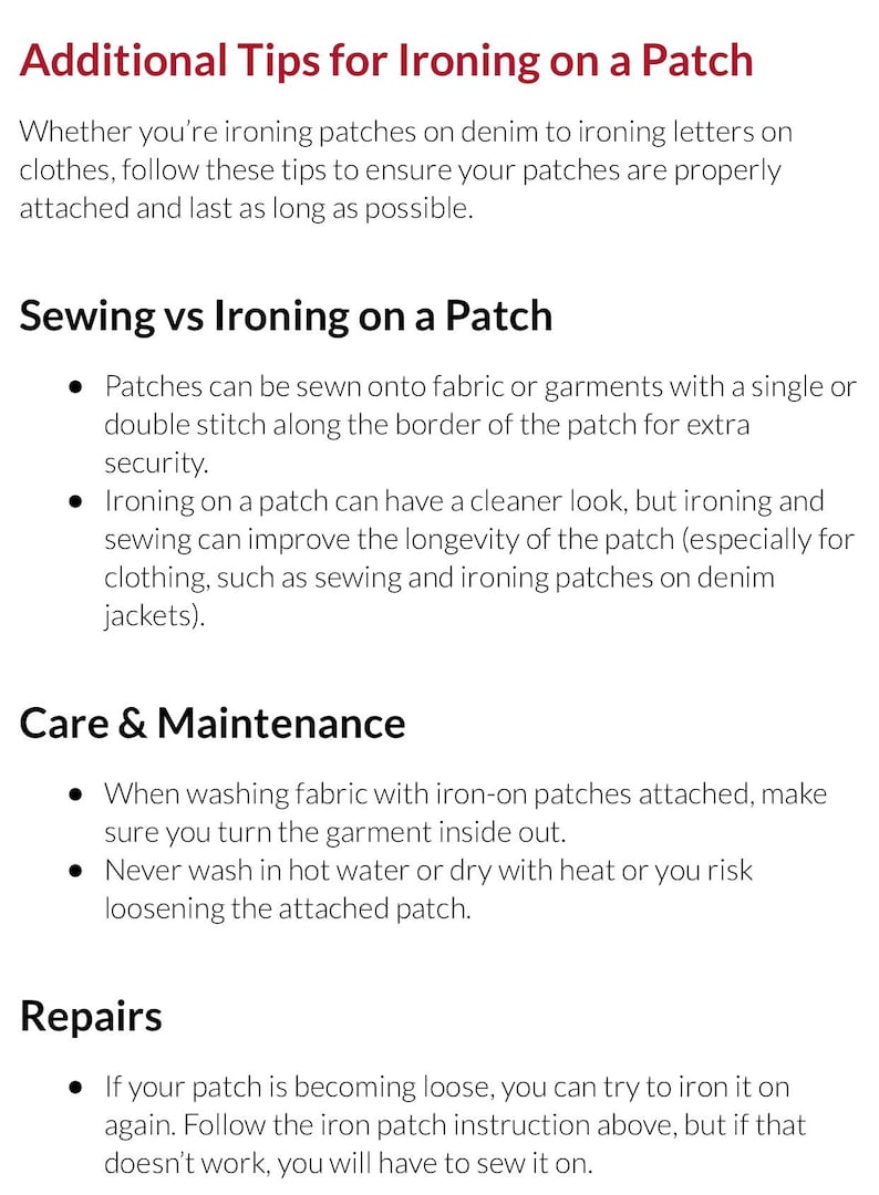 K&ouml;nnte beinhalten: Tipps zum B&uuml;geln von Patches, einschlie&szlig;lich des N&auml;hens f&uuml;r zus&auml;tzliche Sicherheit, Pflegehinweise zum Waschen und Trocknen sowie zur Reparatur von losen Patches.