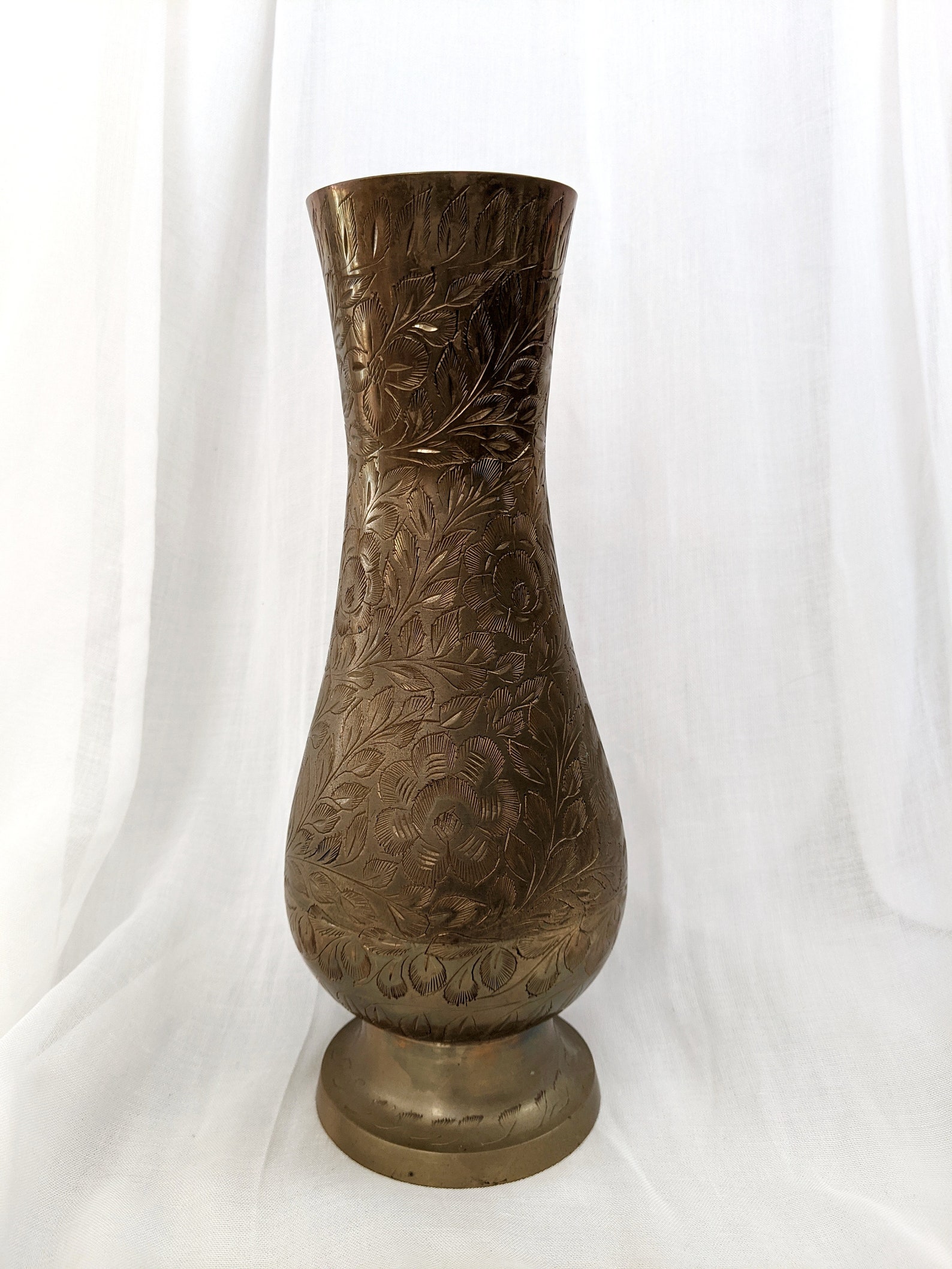 Etched Brass Vase Large Vintage Brass Vase Mcm Mid Century Etsy