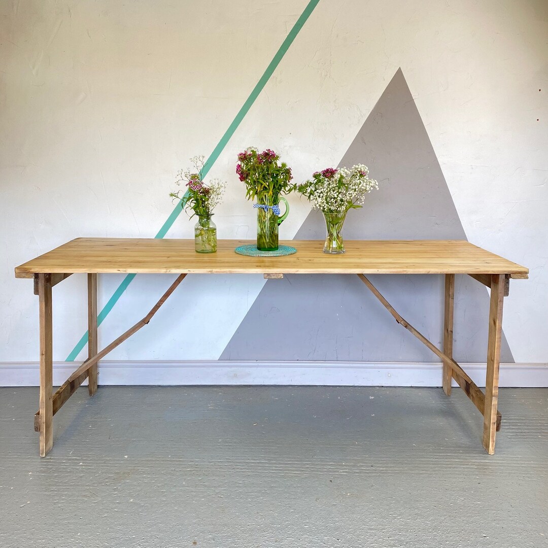 Vintage Rustic Trestle Table Folding Pine Dining Event Etsy