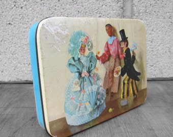 Vintage Metal Tin Box Great Storage Item  Quirky Puppet Theme