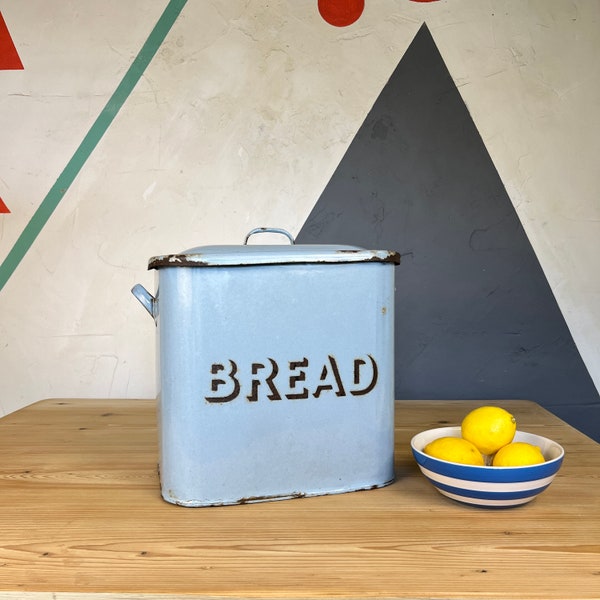 Vintage Blue Enamel Kitchen Bread Bin