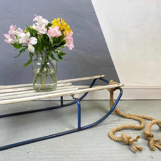 Blue Vintage Sledge Sleigh Old Metal Snow Christmas Santa