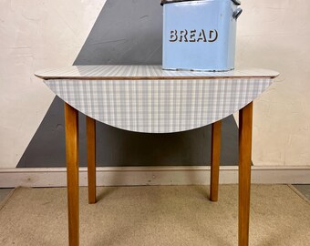 Mid Century  Formica Kitchen Dining Table Round Blue White Check