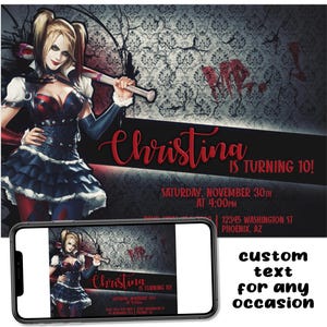 Harley Quinn Fumetti Supereroi Invito personalizzato per feste di compleanno stampabile Download digitale File immagine Testo Stampa Email Post Condividi