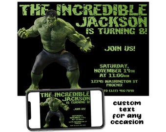 Incredible Hulk Custom Birthday Party Printable Invitation Digital Download Picture File Text Email Print Share Post Send Avengers Hero