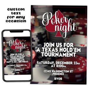 Pokeravond aangepaste verjaardagsfeestje afdrukbare uitnodiging digitale download afbeelding tekst e-mail afdrukken delen toernooikaarten chips