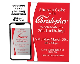 Faire-part imprimable pour fête d'anniversaire sur le thème du soda au coca en téléchargement numérique Fichier texte à imprimer Envoyer par email Partager
