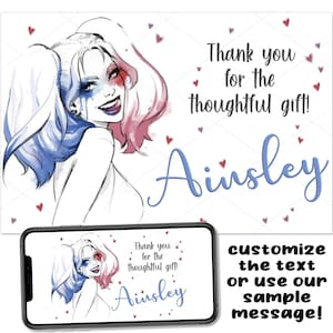 Harley Quinn Comics Super Heroes Custom Birthday Party Printable Thank You Digital Download Picture File Text Email Print Post Share