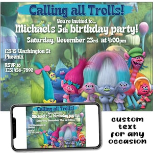 Trolls Custom Birthday Party Printable Invitation Digital Download Picture File Text Email Print Share Post Send