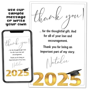 Custom Modern College University High School Graduation Bed Party Digitale afdrukbare bedankkaart Zwart Wit Goud Tekst Afdrukken E-mail