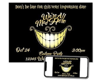 We're All Mad Here Custom Halloween Birthday Costume Party Invitation Digital Download Picture File