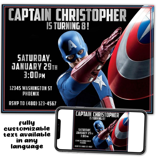 Captain America Custom Birthday Party Printable Textable Invitation Digital Download Picture File Print Text Email