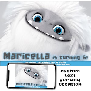 Invito personalizzato per la festa di compleanno del film Abominable, download digitale, file immagine, testo, e-mail, stampa, condividi, post, neve