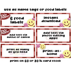 Dr Pepper Happy Face Checker-thema voedseletiket tafeltenten Instant download digitaal bestand afdrukbaar - geen wachttijd last minute DIY Teen Tween