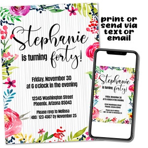 Watercolor Flower Custom Birthday Party Invitation Digital File download