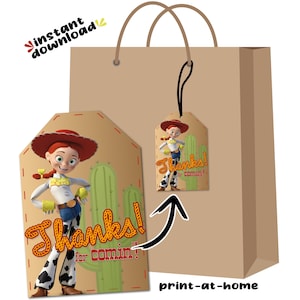 Etiquetas para bolsas de regalo para fiesta de cumpleaños de Toy Story, vaquera, Jessie, descarga instantánea, archivo digital imprimible, sin esperas, el mismo día, último minuto, bricolaje