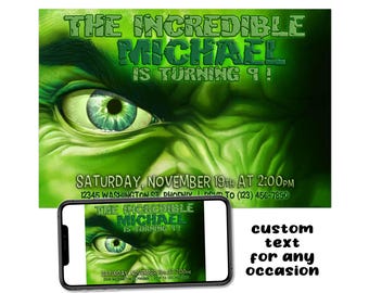 Incredible Hulk Custom Birthday Party Printable Invitation Digital Download Picture File Text Print Email Post Share Avengers Bruce Banner