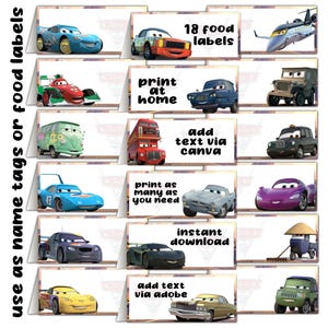 18 Autos 2 Film Party Essen Label Tisch Zelte Digitale Datei Sofortiger Download Druckbare Keine Wartezeit Last Minute Gleicher Tag DIY