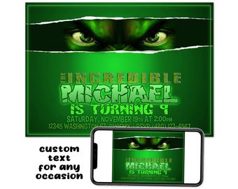 Incredible Hulk Custom Birthday Party Printable Invitation Digital Download Picture File Text Email Print Share Post Avengers