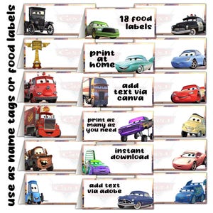 Etiquetas de comida para fiestas de la película Cars 18, etiquetas de mesa, archivo digital, descarga instantánea, imprimibles, sin esperas, último minuto, el mismo día, hazlo tú mismo.