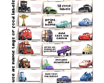 18 Cars 1 Movie Party Food Label Table Tents Digital File Instant Download Printable No Wait Last Minute Same Day DIY